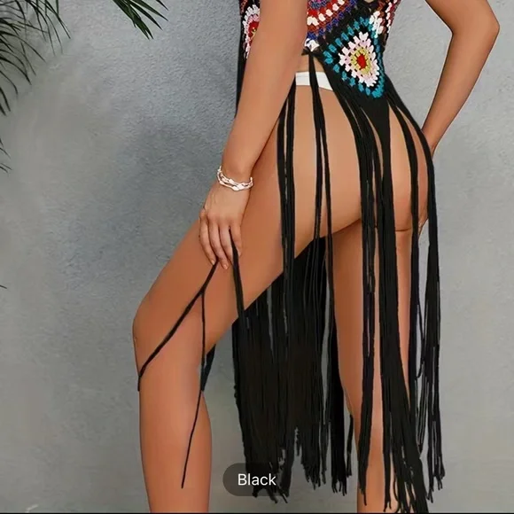 NWT 🏖️ BLACK CROCHETED FRINGED SWIM COVER-UP COLOR BLOCK BEACH DRESS One Size - Picture 7 of 10